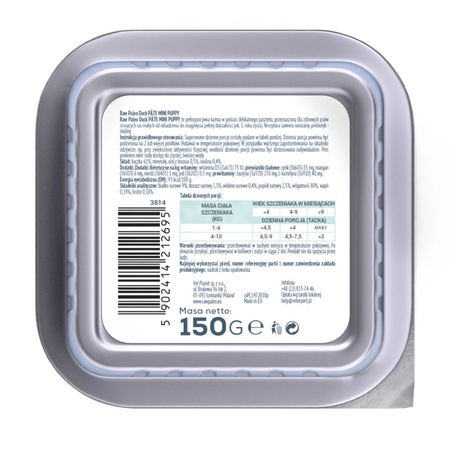 Raw Paleo Duck Pate Mini Puppy 150g Monoproteinowa Mokra Karma Pasztet Dla Szczeniąt Małych Ras Z Kaczką