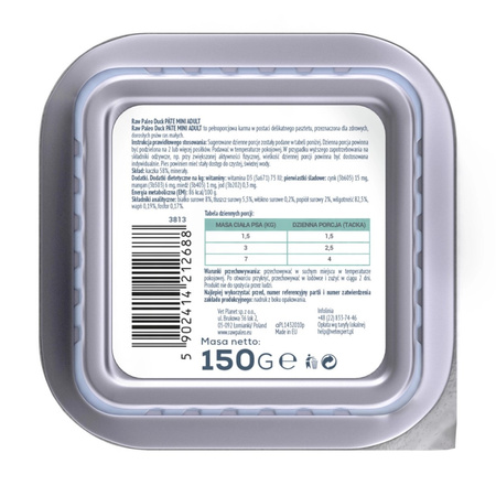 Raw Paleo Duck Pate Mini Adult 150g Monoproteinowa Mokra Karma Pasztet Dla Dorosłych Psów Małych Ras Z Kaczką