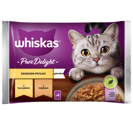 WHISKAS Adult Saszetka 4 x 85g Drobiowe Frykasy Mokra Karma Dla Dorosłego Kota w Galaretce Kawałki z Kurczakiem i z Indykiem