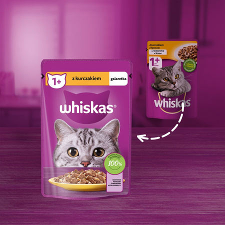 Whiskas Adult 28x85g Mokra Karma Pełnoporcjowa Dla Dorosłych Kotów Kawałki Z Kurczakiem W Galaretce