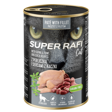 Super Rafi Cat 6x400g Bezzbożowa Mokra Karma Dla Kotów Sterylizowanych Z Perliczką I Sercami Z Kaczki
