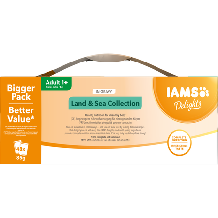 Mokra Karma Iams Delights Land Sea Collection Dla Dorosłych Kotów Mięsne I Rybne Smaki W Sosie 48x85g
