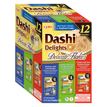 Inaba Cat Dashi Delights Delicate Flakes 12x40g Karma Uzupełniająca Dla Kota Kurczak Ryba Przegrzebki