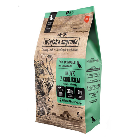 Wiejska Zagroda 9kg Bezzbożowa Sucha Karma Dla dorosłych Psów Z Indykiem I Królikiem Chrupki Rozmiar S