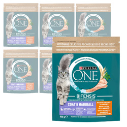 Purina One Cat Coat&Hairball 6x800g Sucha Karma z Kurczakiem Dla Kota Przeciw Kulom Włosowym
