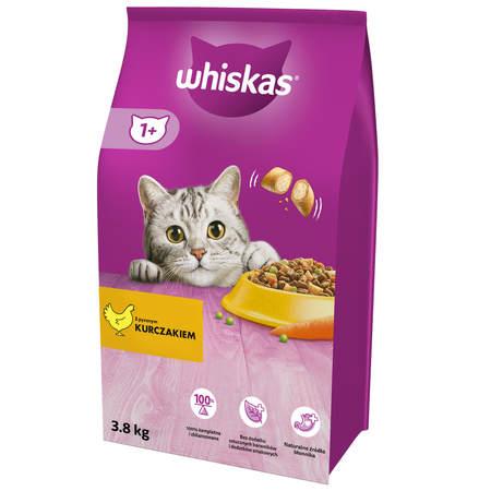 WHISKAS Adult 3x3,8 kg z Kurczakiem Sucha Karma Pełnoporcjowa Dla Dorosłych Kotów
