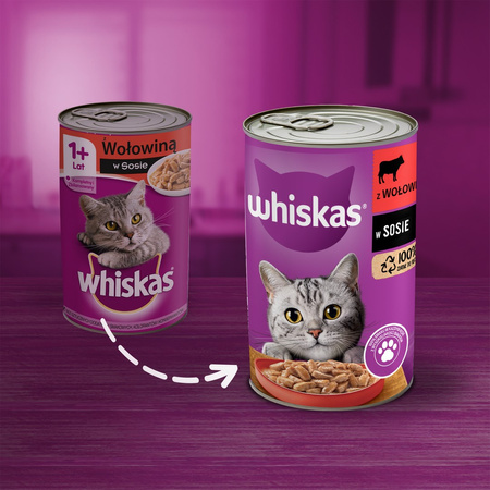 WHISKAS 1+ z Wołowiną w Sosie 24x400g Puszka Mokra karma dla kota 1+