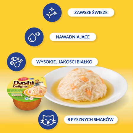 Inaba Cat Dashi Delights 6x70g Uzupełniająca Karma Dla Kota Bulion z Kurczakiem Tuńczykiem i Przegrzebkami 3+3 Gratis