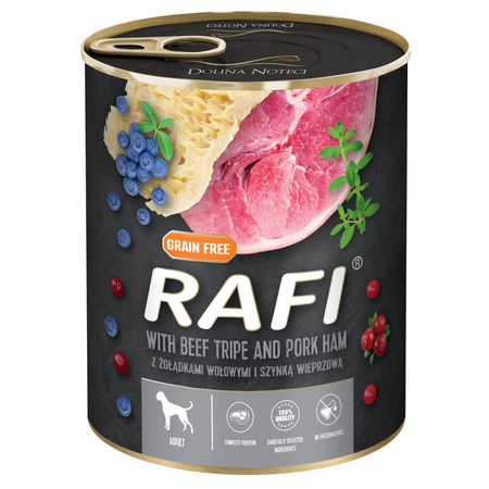 Rafi Mokra Karma dla Psów Dorosłych z Żołądkami Wołowymi i Szynką, Żurawiną i Borówką 800 g