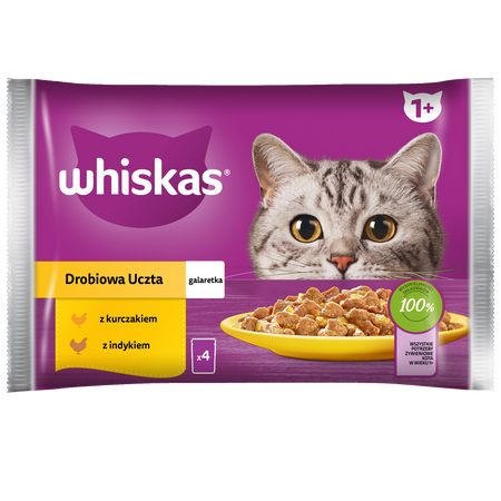 WHISKAS Adult Saszetki 4 x 85g Drobiowa Uczta Mokra Karma Dla Dorosłego Kota w Galaretce Kawałki z Kurczakiem i Indykiem