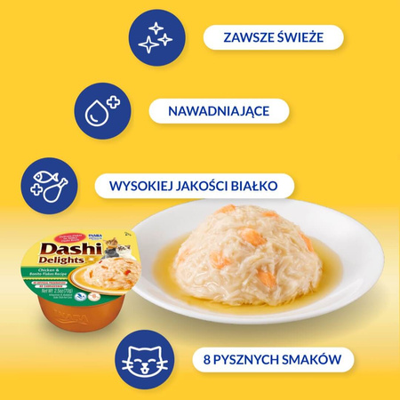 Inaba Cat Dashi Delights 12x70g Uzupełniająca Karma Dla Kota Bulion z Kurczakiem i Płatkami Bonito
