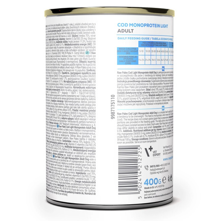 Raw Paleo Adult Monoprotein Light 400g Bezzbożowa Mokra Karma z Dorszem Dla Psów z Tendencją Do Nadwagi