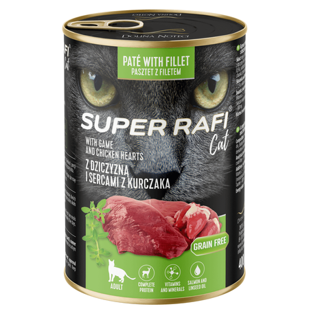 Super Rafi Cat 24x400g Bezzbożowa Mokra Karma Dla Kotów Z Dziczyzną I Sercami Z Kurczaka