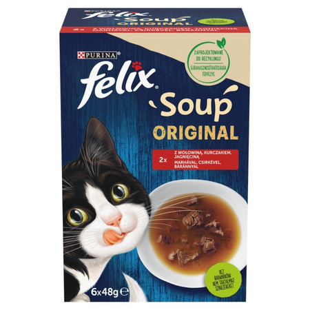Felix Soup Original 6x48g Uzupełniająca Karma Dla Kota Z Wołowiną Kurczakiem I Jagnięciną