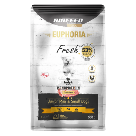 Biofeed Euphoria Fresh Turkey 500g Monoproteinowa Sucha Karma Dla Szczeniąt Ras Miniaturowych I Małych Ze Świeżym Indykiem