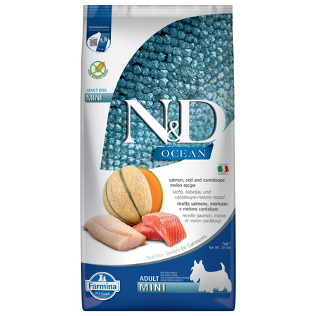 Farmina N&D Dog Ocean Adult Mini 7kg Sucha Karma Dla Dorosłych Psów Małych Ras Z Łososiem Dorszem I Melonem