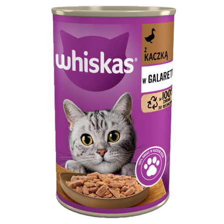 WHISKAS 1+ z Kaczką w Galaretce 48x400 g Puszka Mokra karma dla kotów dorosłych