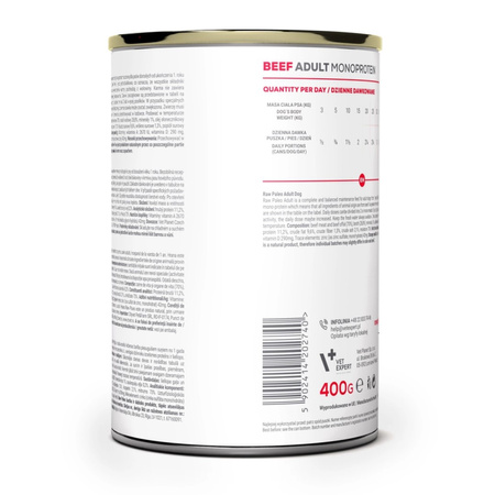 Vet Expert Raw Paleo Adult Monoprotein 400g Mokra Karma Dla Psa z Wołowiną