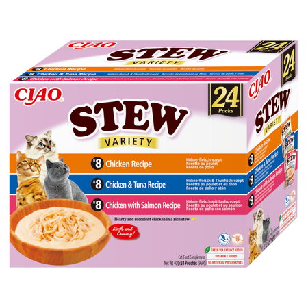 Inaba Cat Ciao Stew 24x40g Uzupełniająca Karma Dla Kota Potrawka z Kurczakiem Tuńczykiem i Łososiem